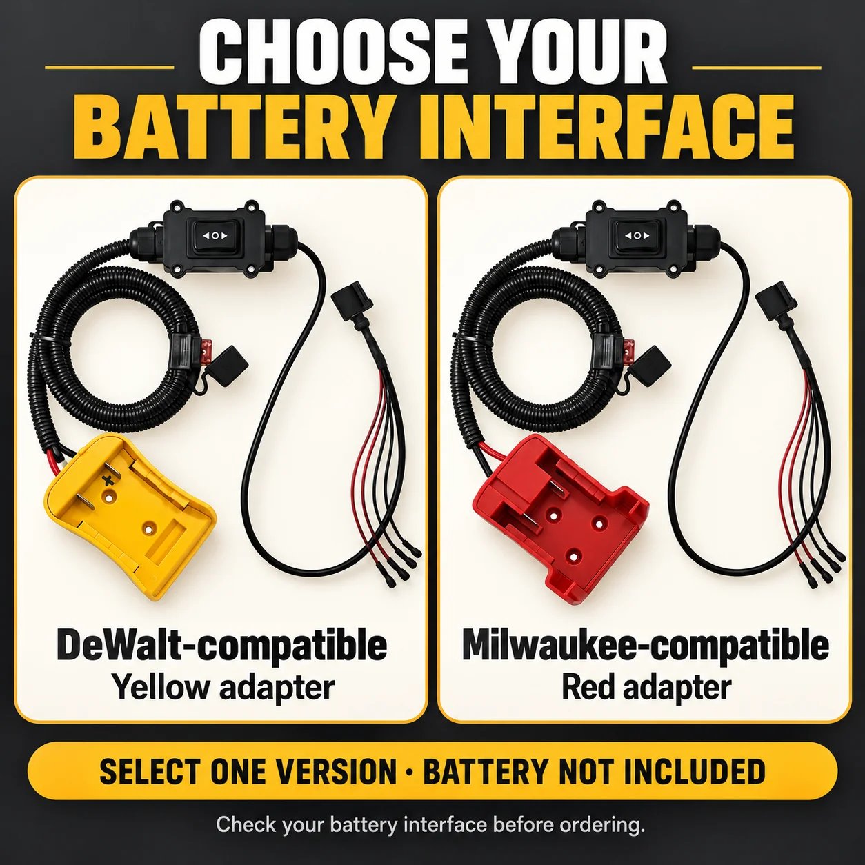 Yellow and red battery-interface versions displayed side by side for selection