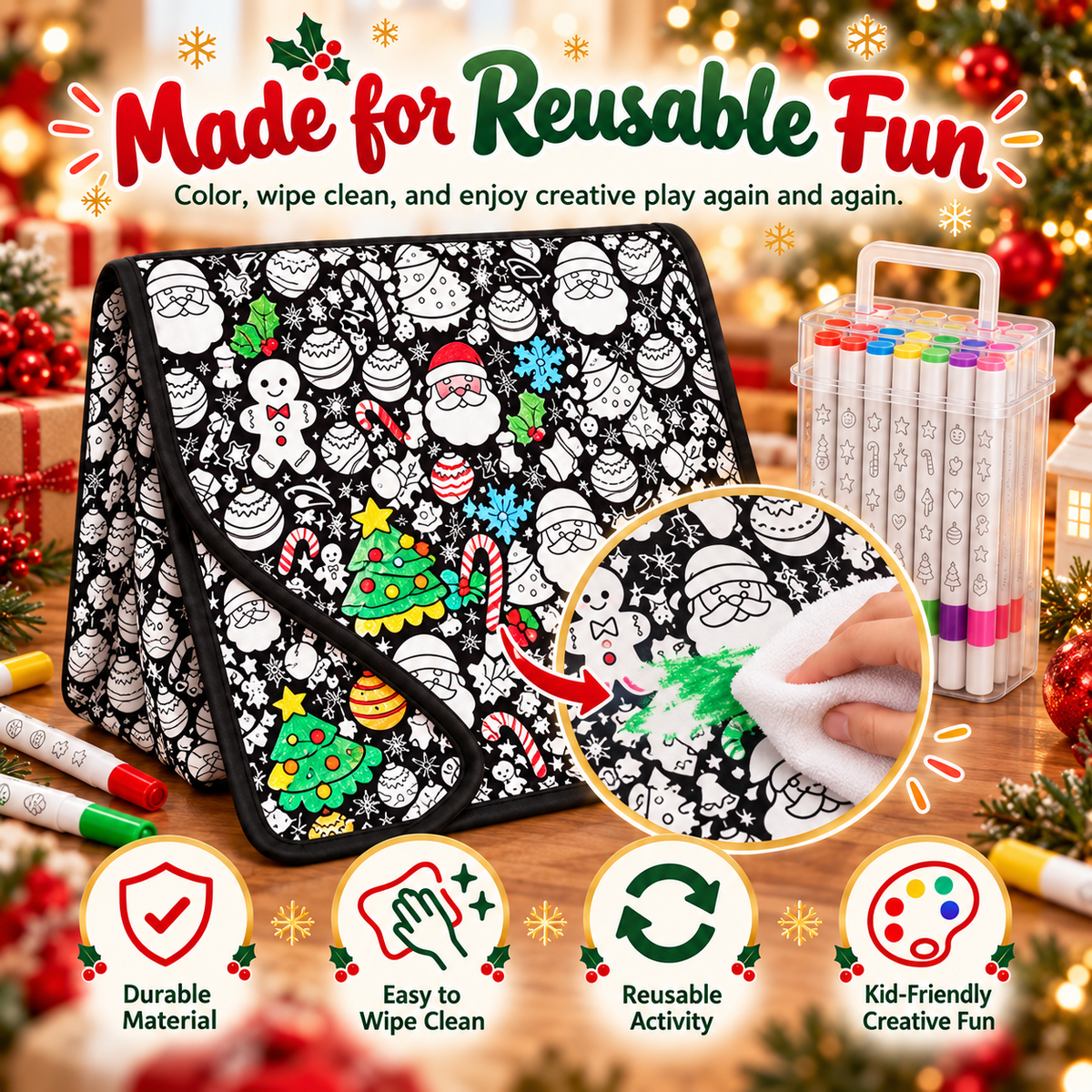 🎄 ColorJoy™ Christmas Coloring Mat Kit – Reusable Holiday Activity Set with 24 Markers