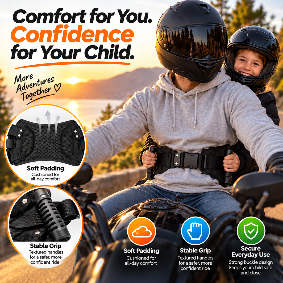 RideBuddy™ Child Passenger Grip Support – Adjustable Padded Motorcycle Rider Belt with Side Handles