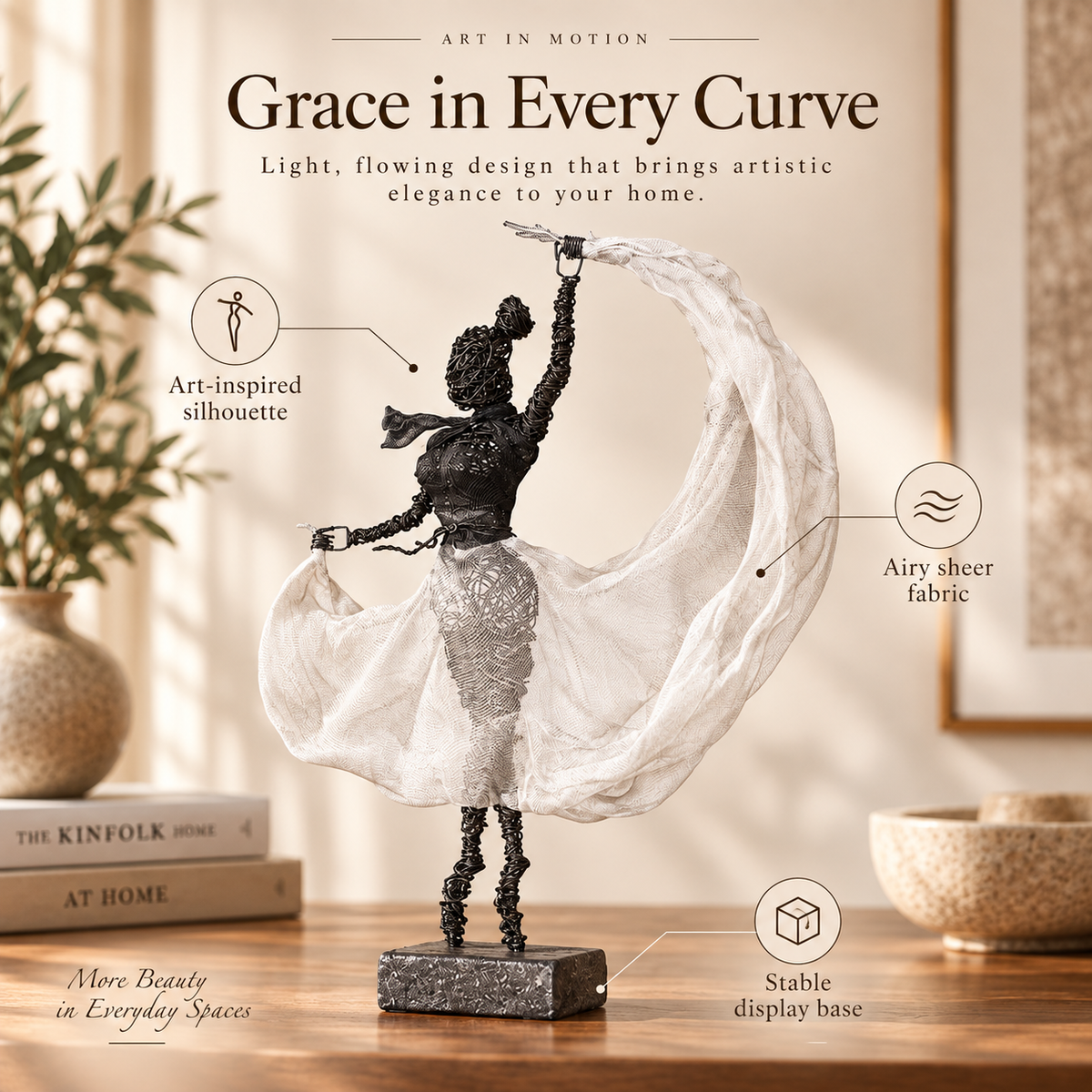 Handmade Wire Dancer Sculpture, Elegant Ballet Lady Figurine, Modern Metal Art Statue for Living Room Decor, Unique Gift for Home Office