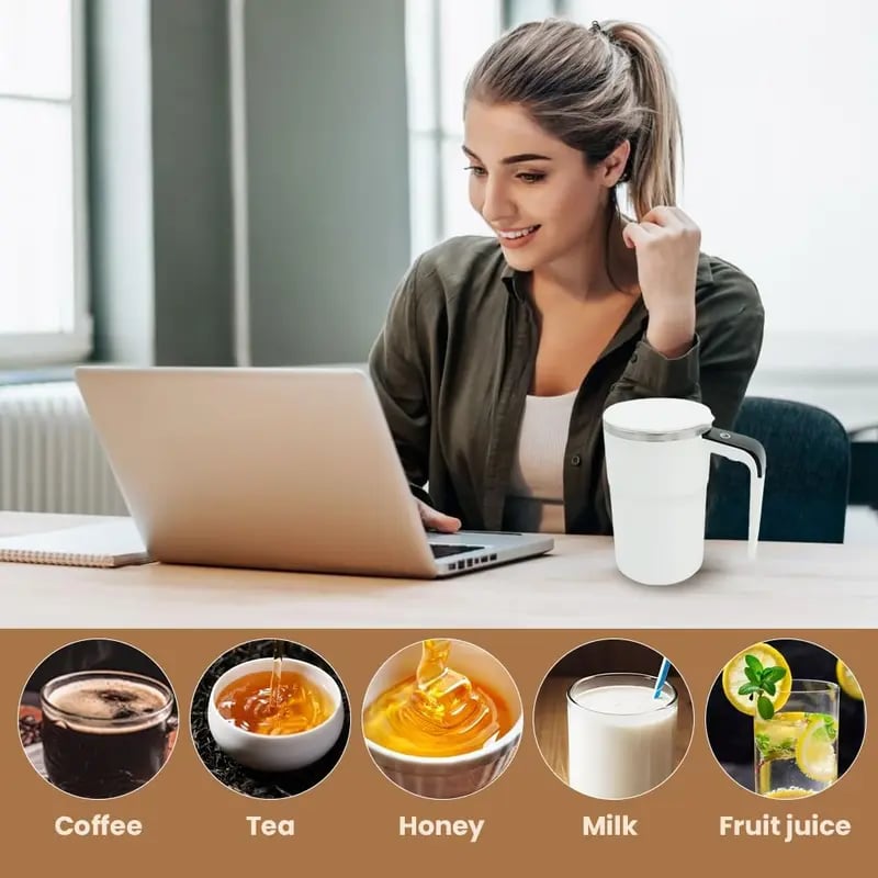 Magnetic stirring mug at office desk with coffee tea honey milk and fruit drink use cases
