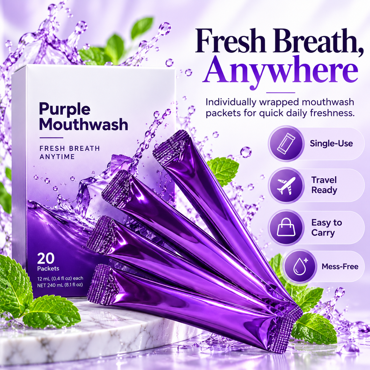 💜 FreshPop™ Portable Mouthwash Strips – Instant Fresh Breath Anywhere（20 pieces per box）