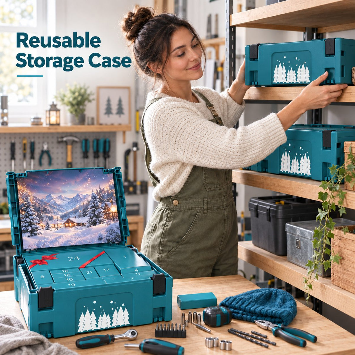 Reusable storage case from Christmas tool advent calendar stored on workshop shelf