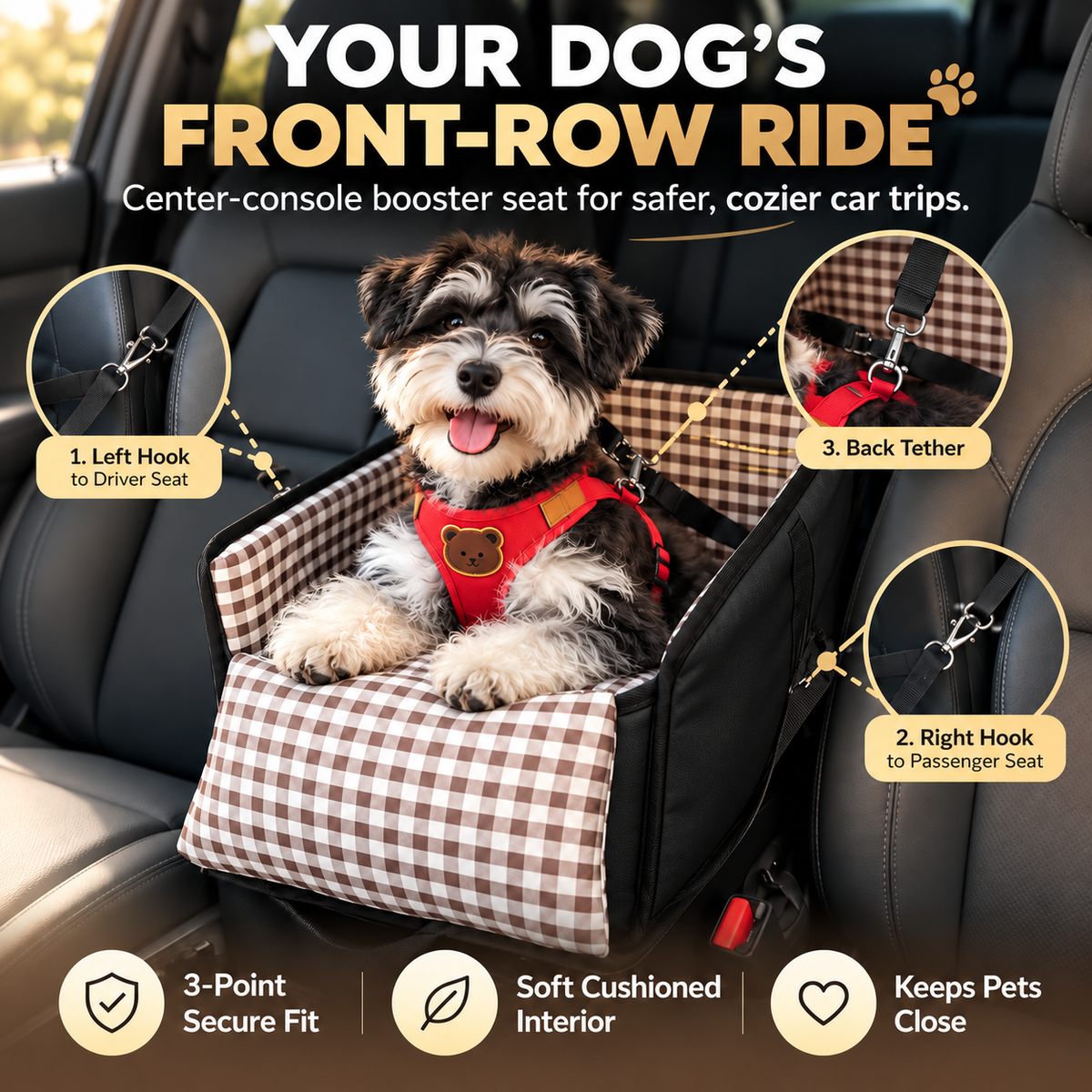 🐶 PawRide™ Center Console Dog Booster Seat – Cozy Elevated Car Seat for Small Dogs
