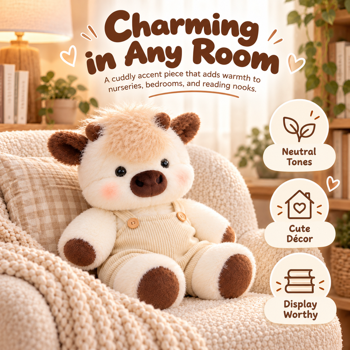 Adorable cow stuffed animal sitting on a cream-colored armchair with a soft throw blanket in a warm, neutral living room