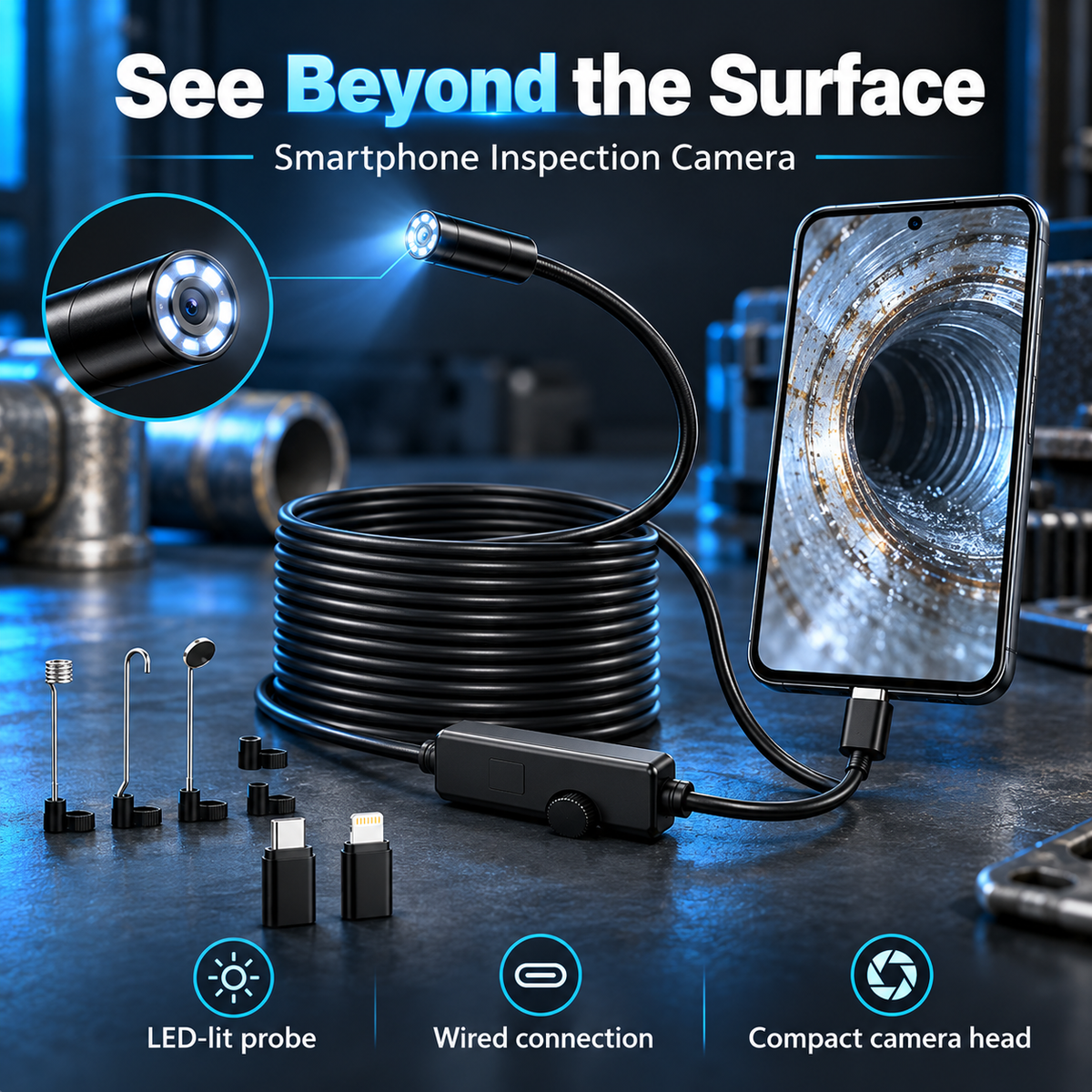🔧ScopePro™ HD Inspection Camera – See Inside Tight Spaces 🔍