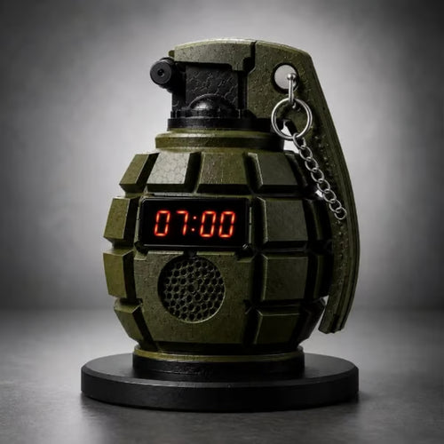 Grenade Alarm Clock with Interactive Safety Ring Deactivation; Military Tactical Style with Powerful Sound Alarm for Men and Teens