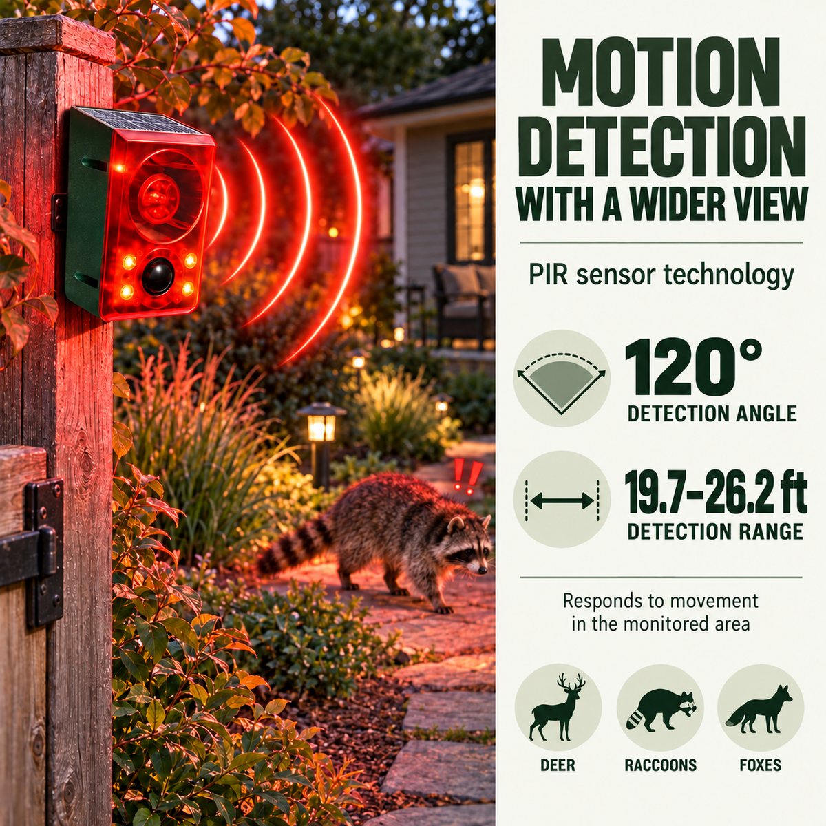 🚨Solar Outdoor Motion Sensor Alarm - Dog Barking & Gunshot Sound, Support Recording and Volume Adjustment, 130dB Noise with Flashing Light to Deter Raccoon, Deer, Skunk, Bear, Coyote