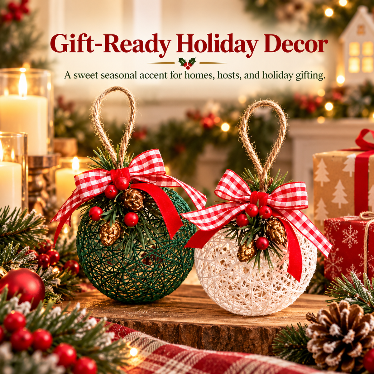 Rustic woven Christmas ornaments styled with holiday gifts and warm seasonal decorations