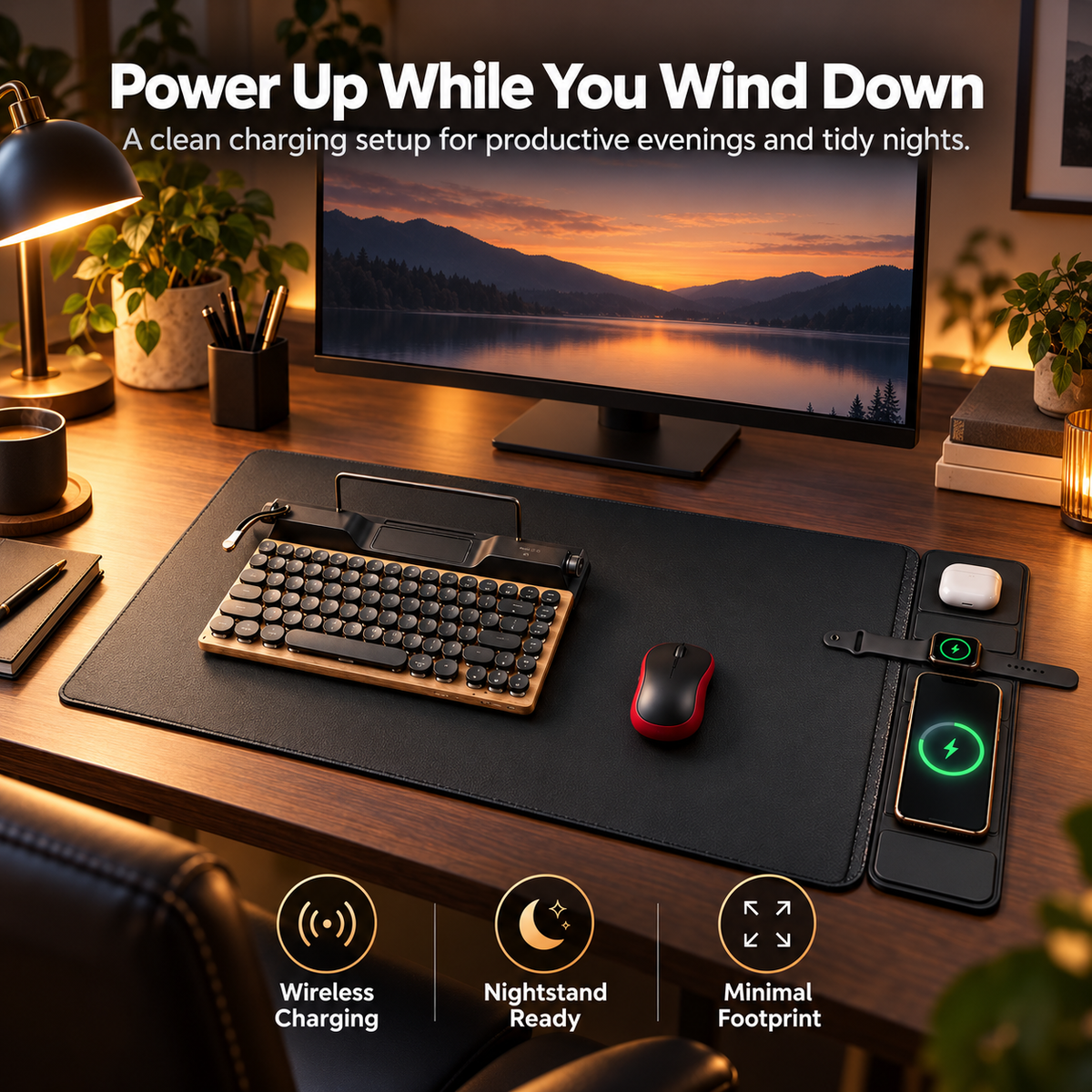 All-in-One Smart Desk Mat with Wireless Charging, Large Office Desk Pad with Phone, Watch & Earbud Charging Area, Multifunctional Workspace Organizer for Home Office & Gaming Desk