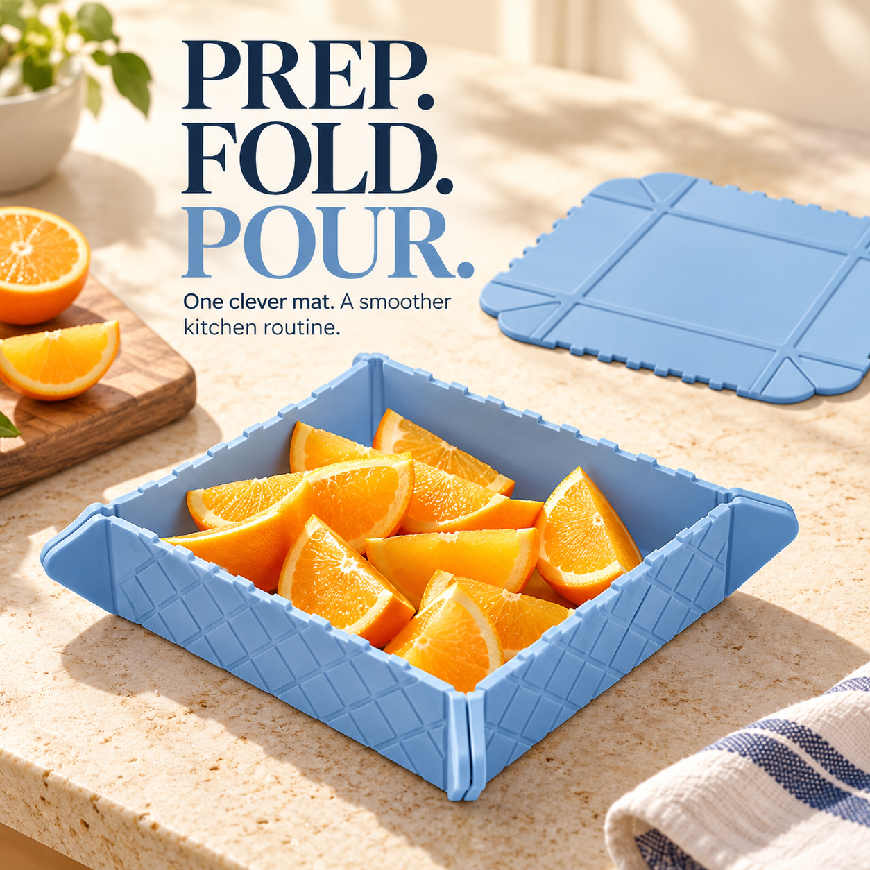 Blue silicone prep mat shown flat and folded into a tray holding orange slices