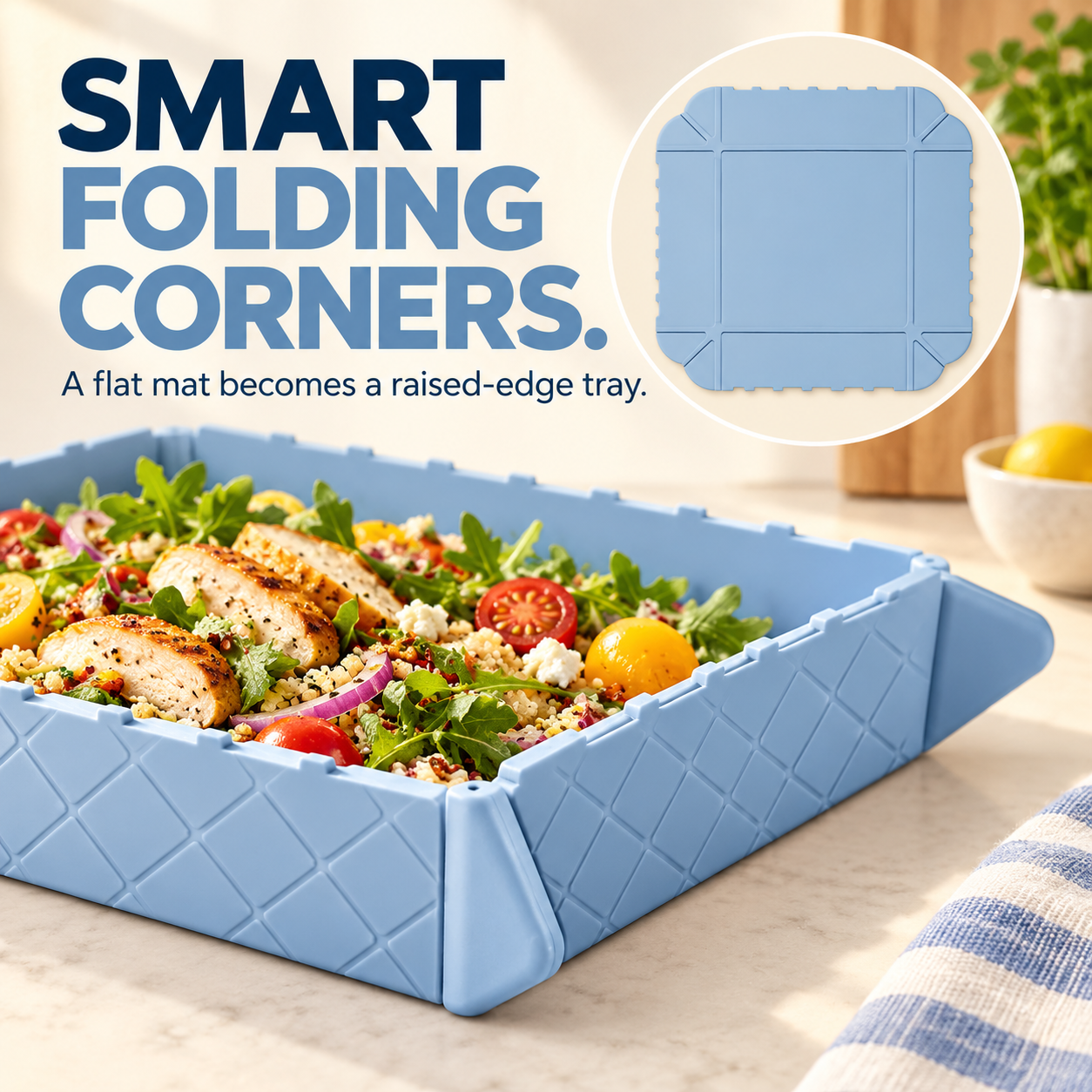 Blue mat folded at the corners to create a shallow raised-edge tray