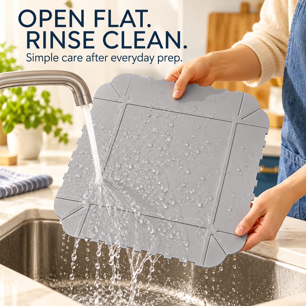 Gray silicone mat opened flat for rinsing at a kitchen sink