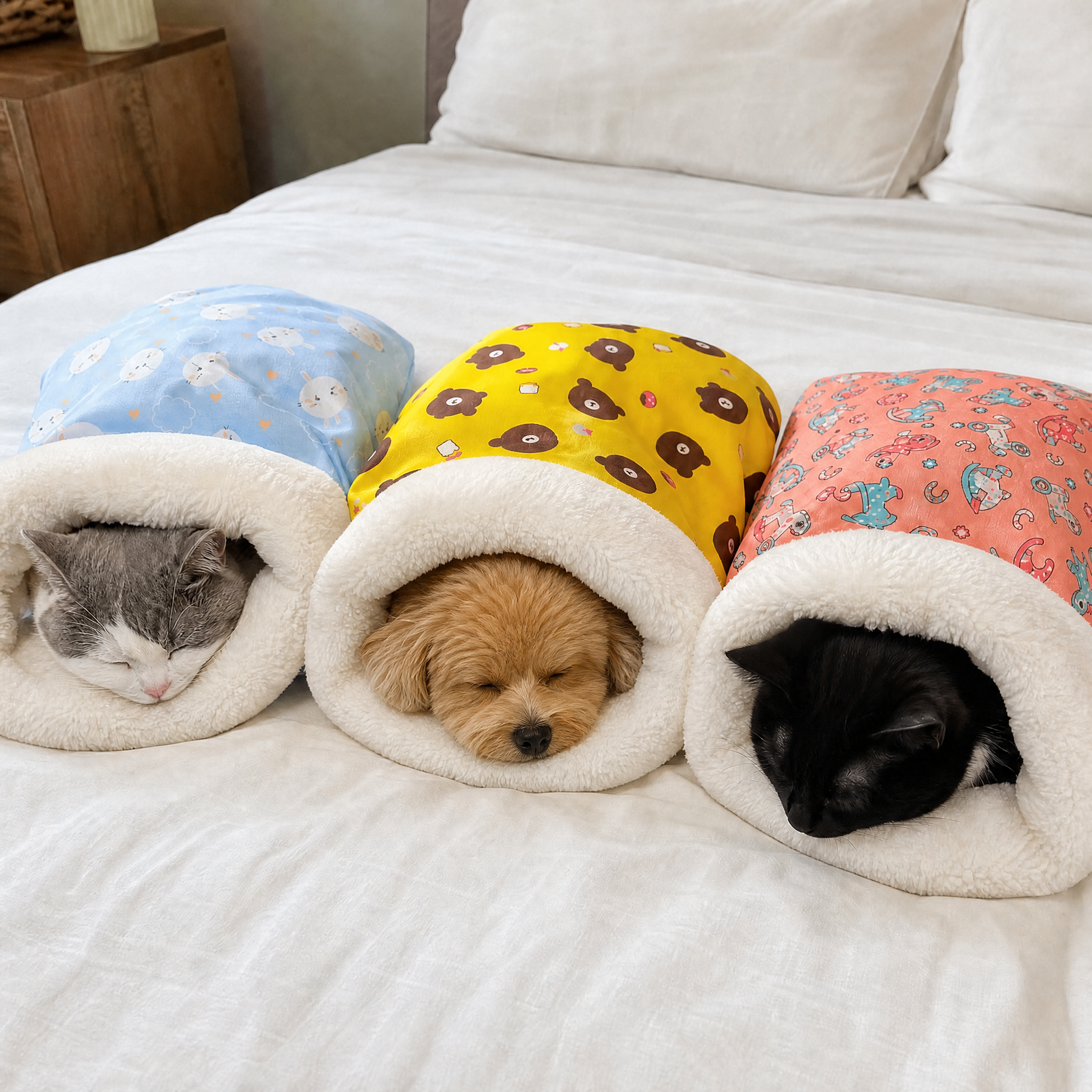 Blue, yellow, and pink pet sleeping bags shown with small pets resting inside