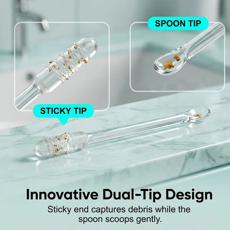 Sticky ear cleaner showing ribbed sticky tip and spoon-shaped secondary tip