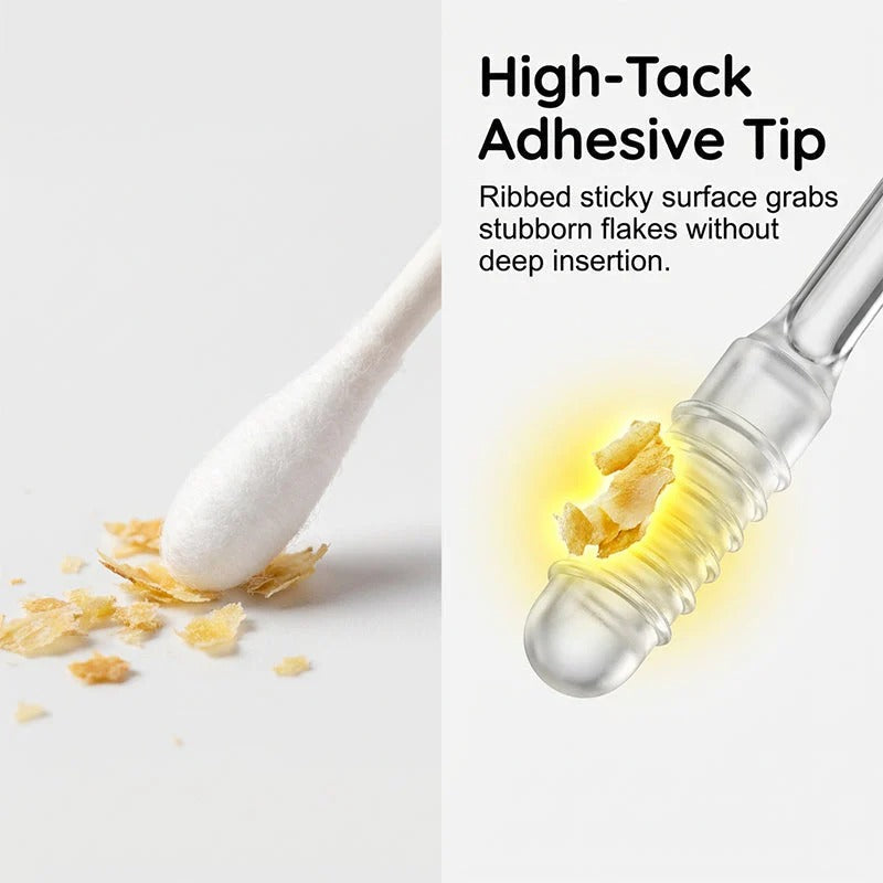 Ribbed high-tack sticky ear cleaning tip shown collecting loose debris