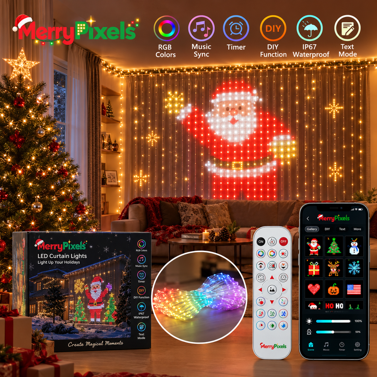 Smart LED Pixel Curtain Lights – App-Controlled RGB Holiday Display with Music Sync & DIY Modes