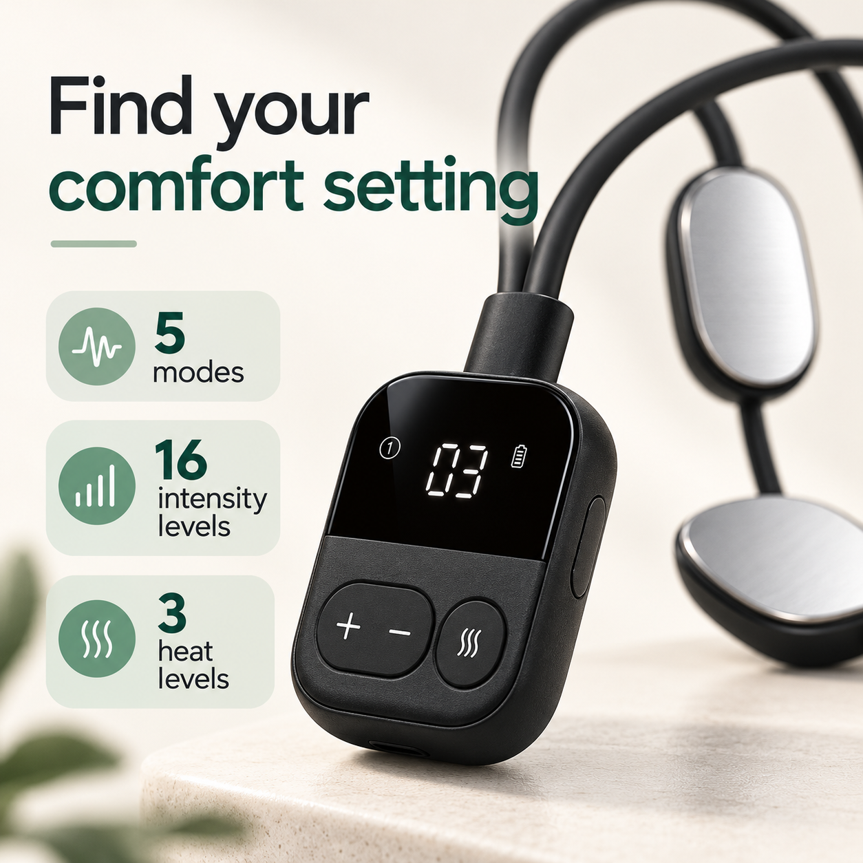 Close-up of the controller with five pulse modes, sixteen intensity levels, and three heat settings