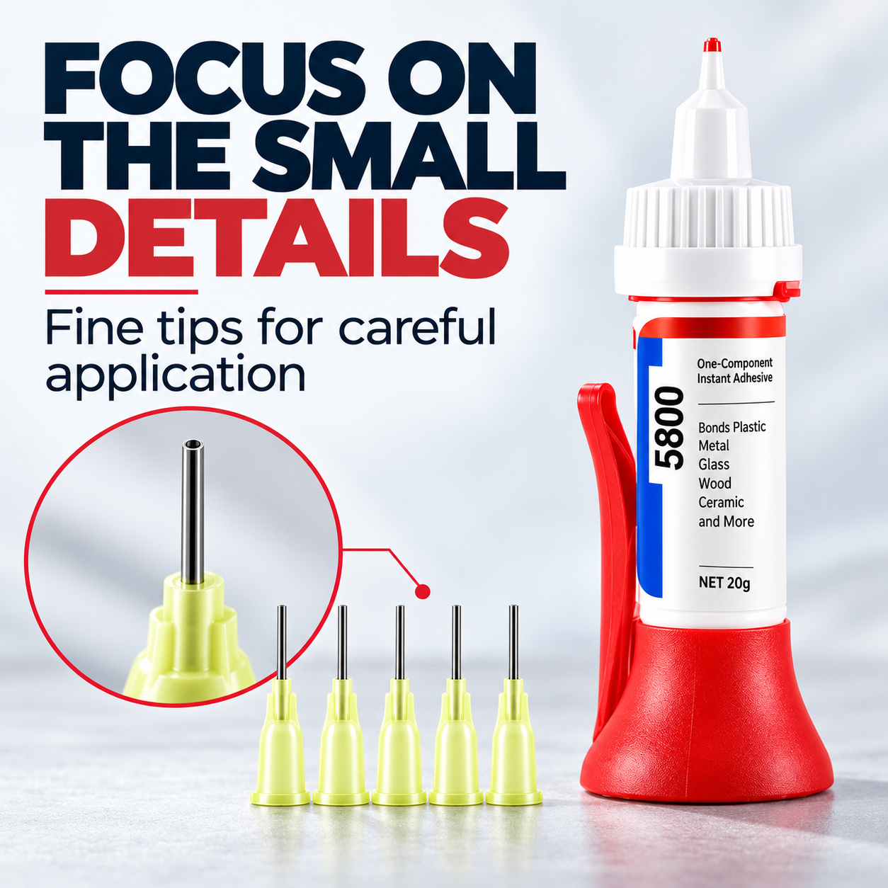 Close-up of the fine metal applicator tip supplied with the repair glue