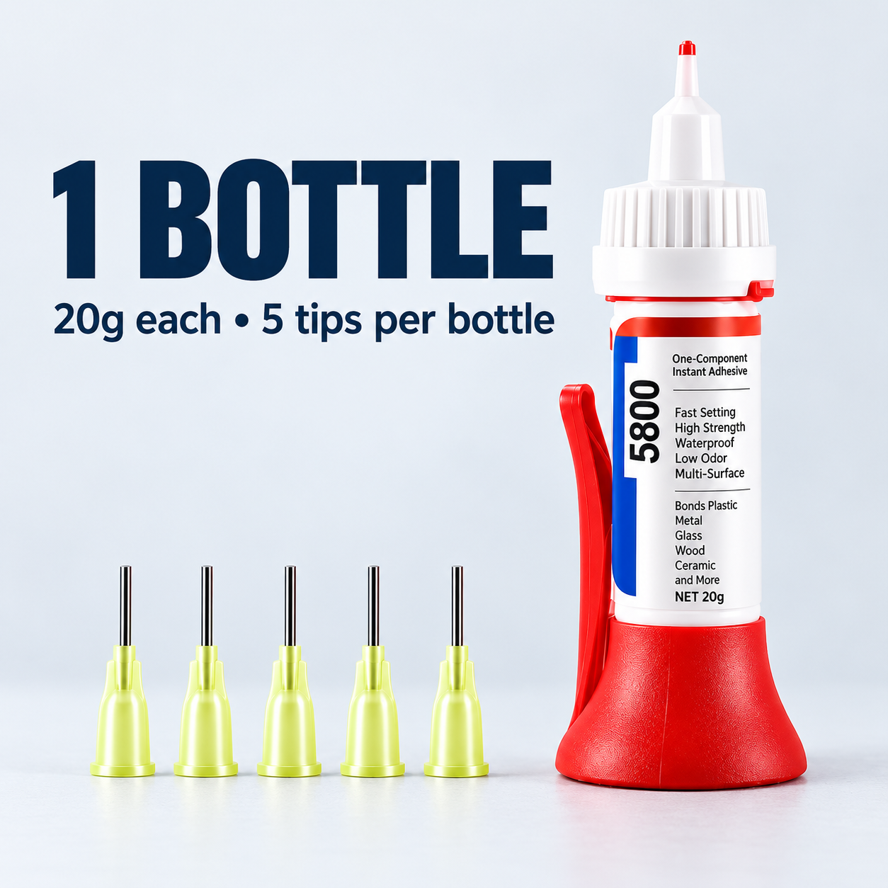 Single-bottle pack containing one 20g glue bottle and five precision tips