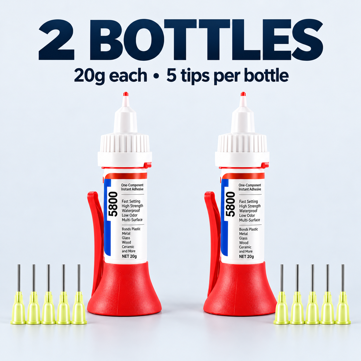 Two-bottle repair glue pack with five fine tips per bottle