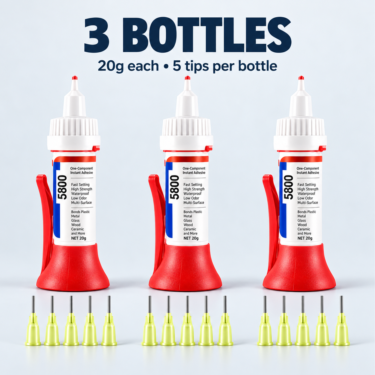 Three-bottle repair glue pack with five fine tips per bottle