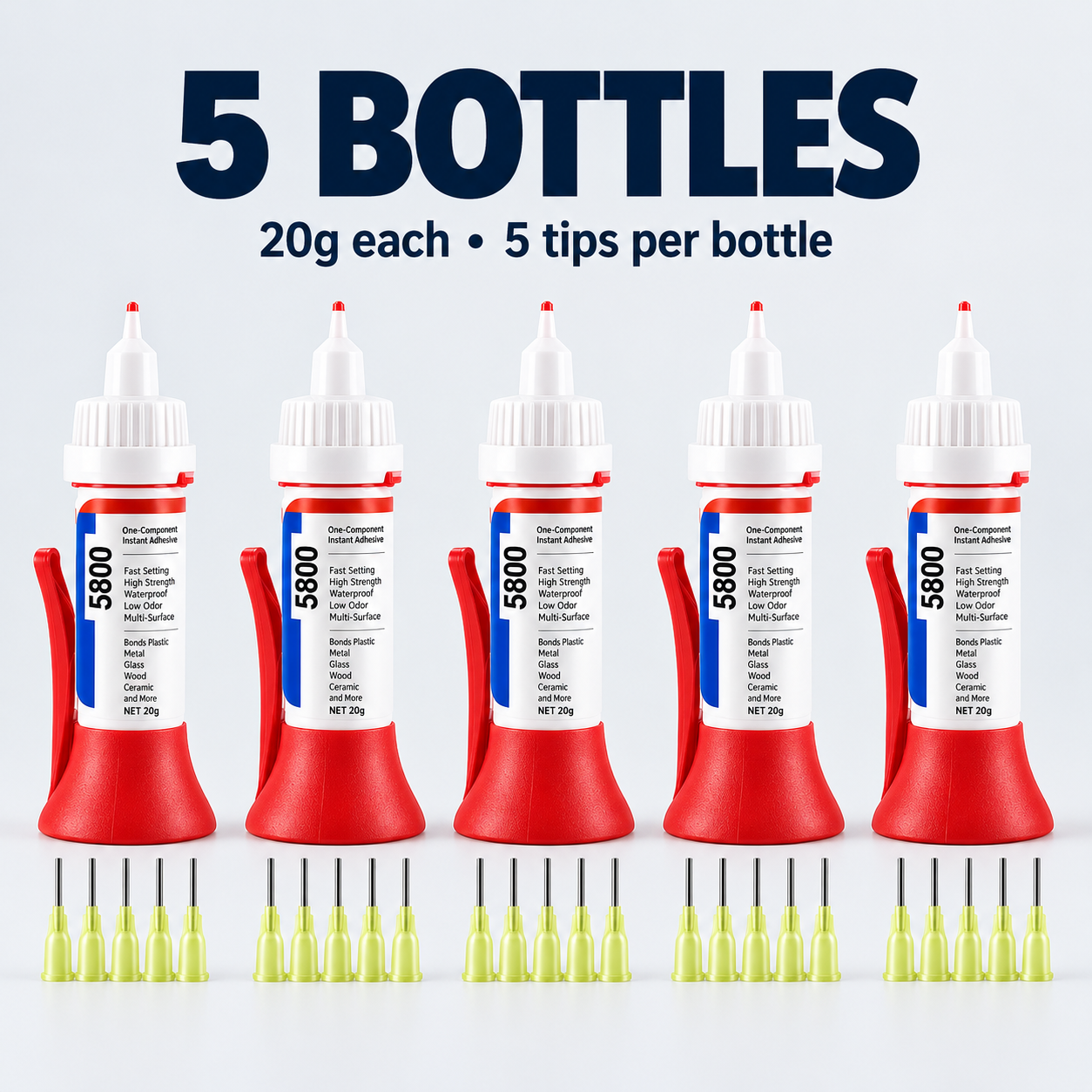 Five-bottle repair glue pack with five fine tips per bottle