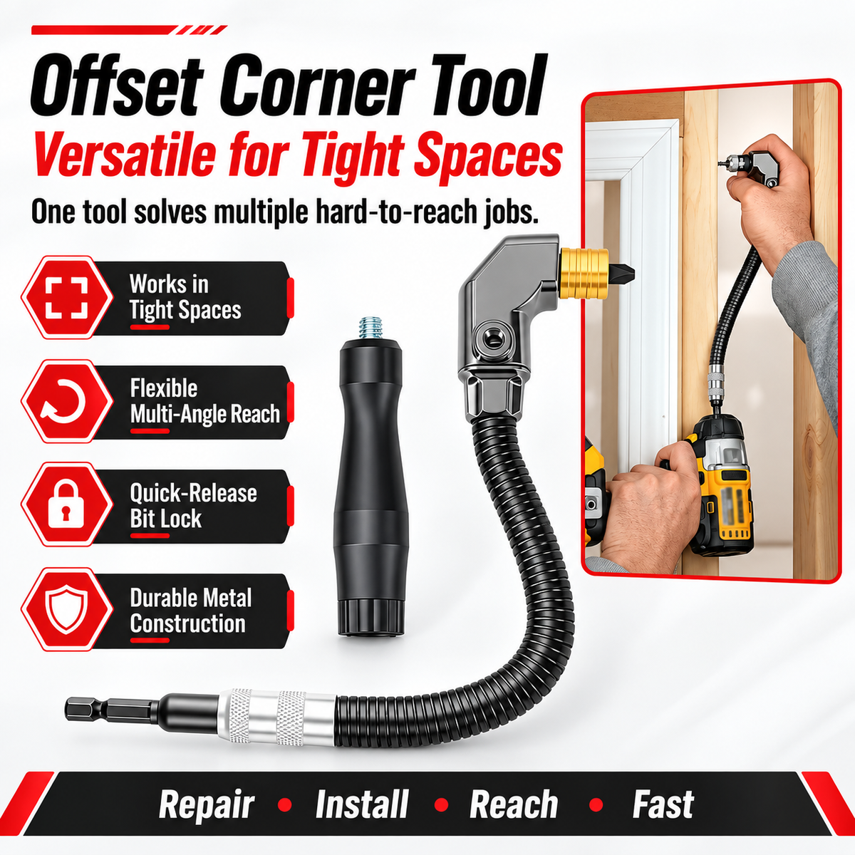 90-Degree Right Angle Drill Attachment, Swivel Corner Drill Adapter Tool for Confined Spaces, Heavy-Duty Electric Drill Extension for Furniture, Closets, and Woodworking