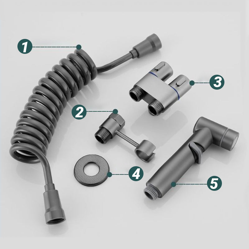 Bidet sprayer set components including coiled hose valve check valve decorative cover and handheld sprayer
