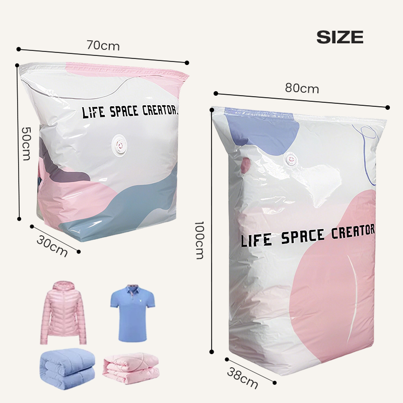 Size chart for 70 by 50 by 30 centimeter and 100 by 80 by 38 centimeter storage bags