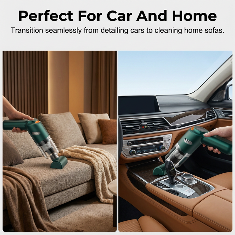 Cordless vacuum being used in a car and on a sofa