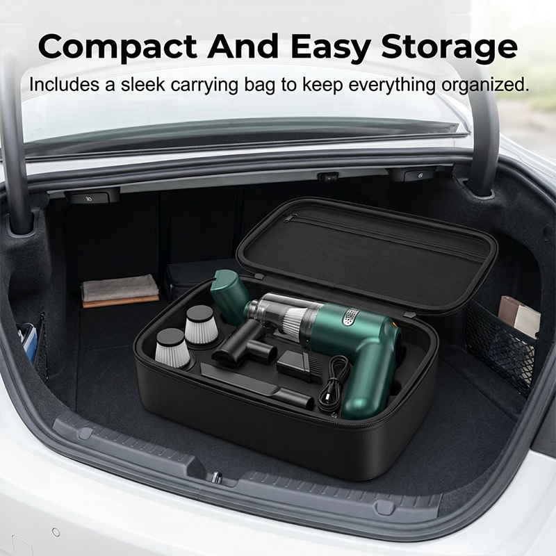 Compact cordless vacuum and accessories stored in a car trunk