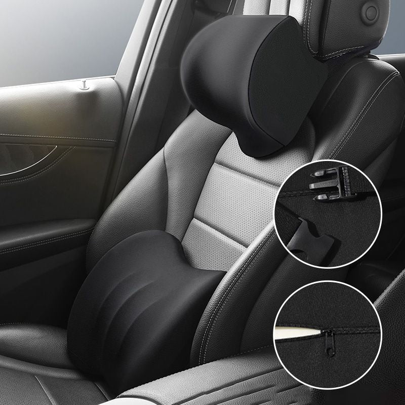 Black car headrest cushion with adjustable rear fastening hardware