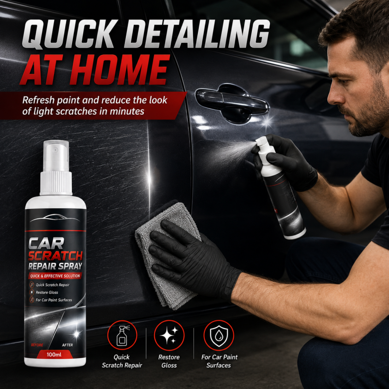 Driver applying car scratch care spray to a vehicle at home