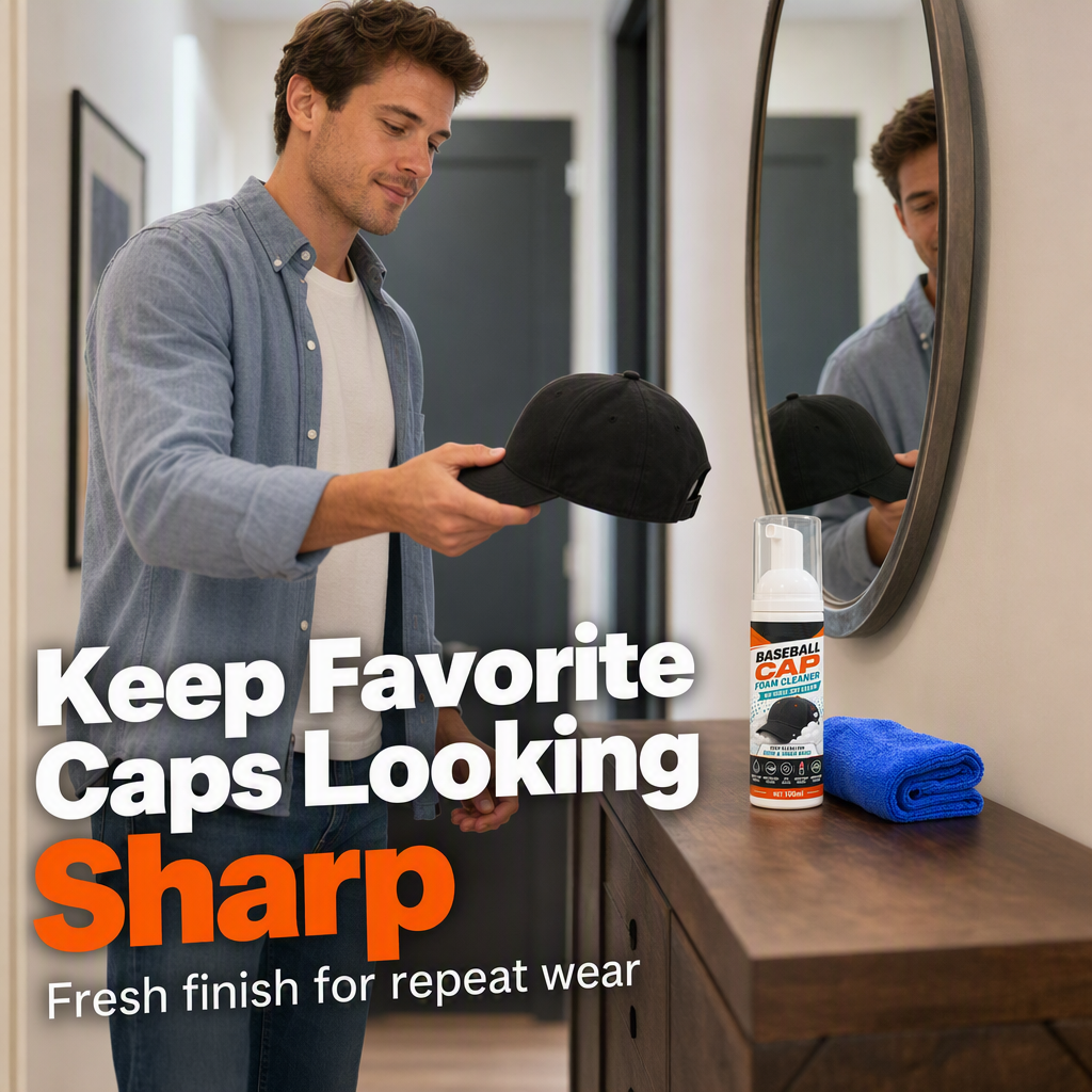 No-rinse baseball cap foam cleaner for quick between-wash care