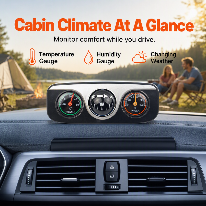 Dashboard compass showing temperature and humidity gauges