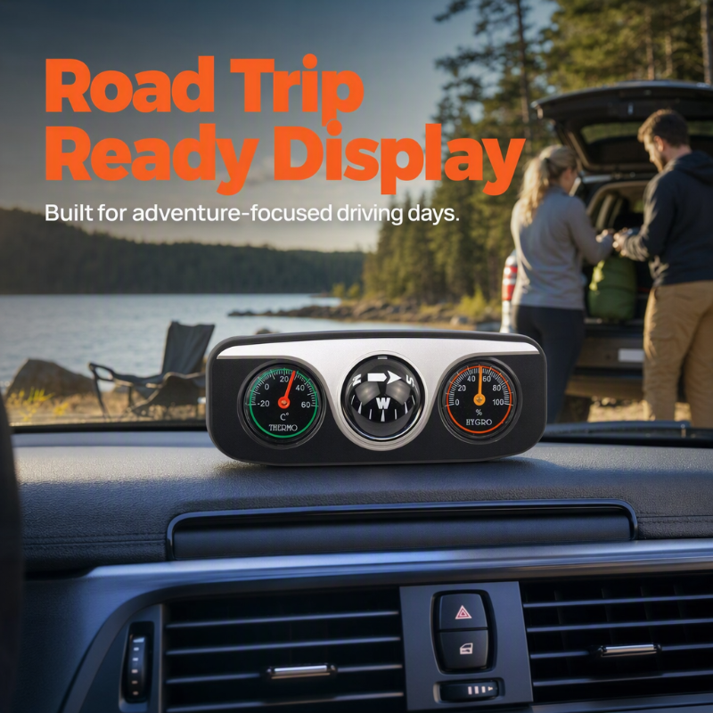 Three gauge dashboard compass during a road trip and camping journey