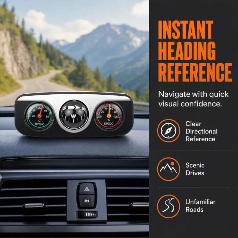 Car dashboard compass used on a scenic mountain road