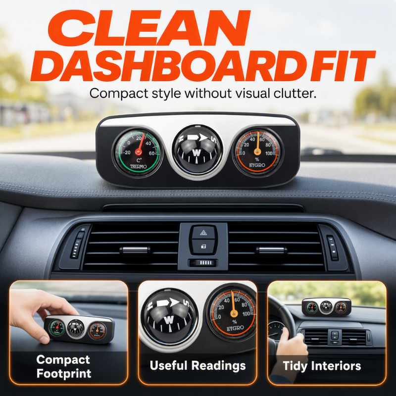 Compact three gauge compass fitted neatly on a car dashboard
