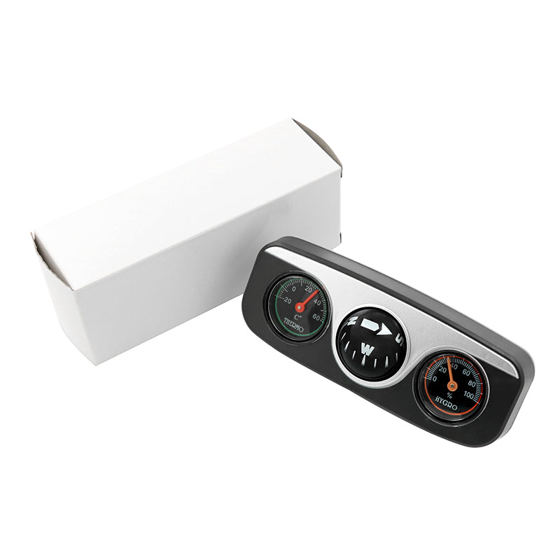 Black three gauge dashboard compass with packaging