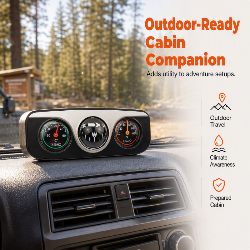 Car dashboard compass in an outdoor forest driving setting