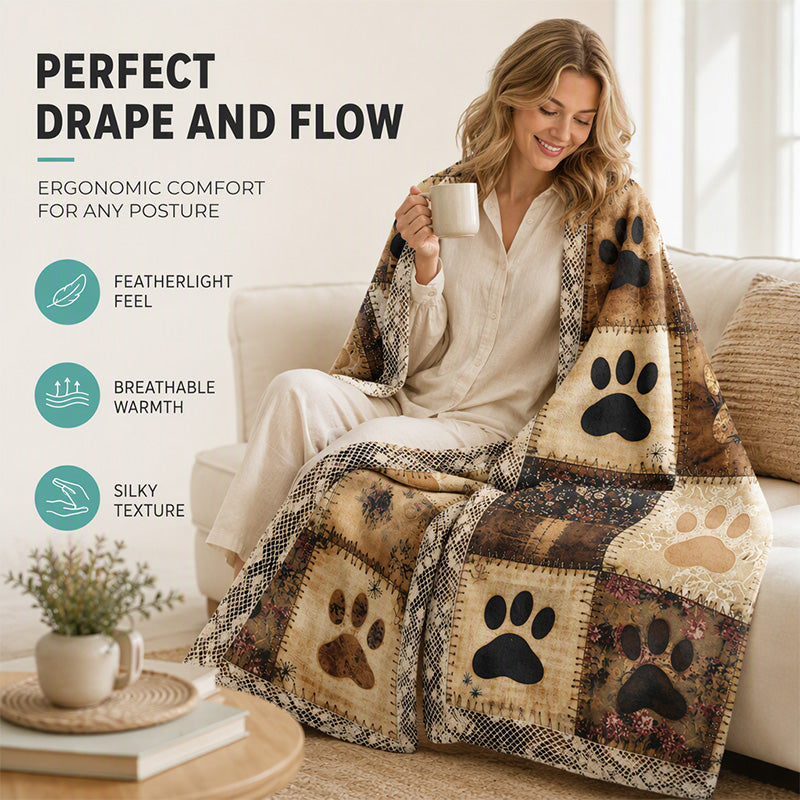 Paw print flannel blanket draped over shoulders
