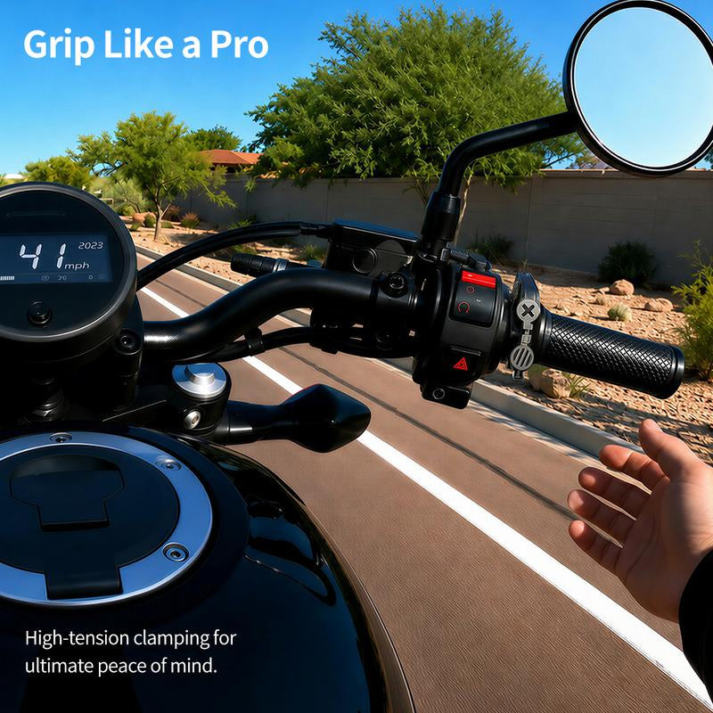 Motorcycle mechanical throttle lock installed near the throttle grip