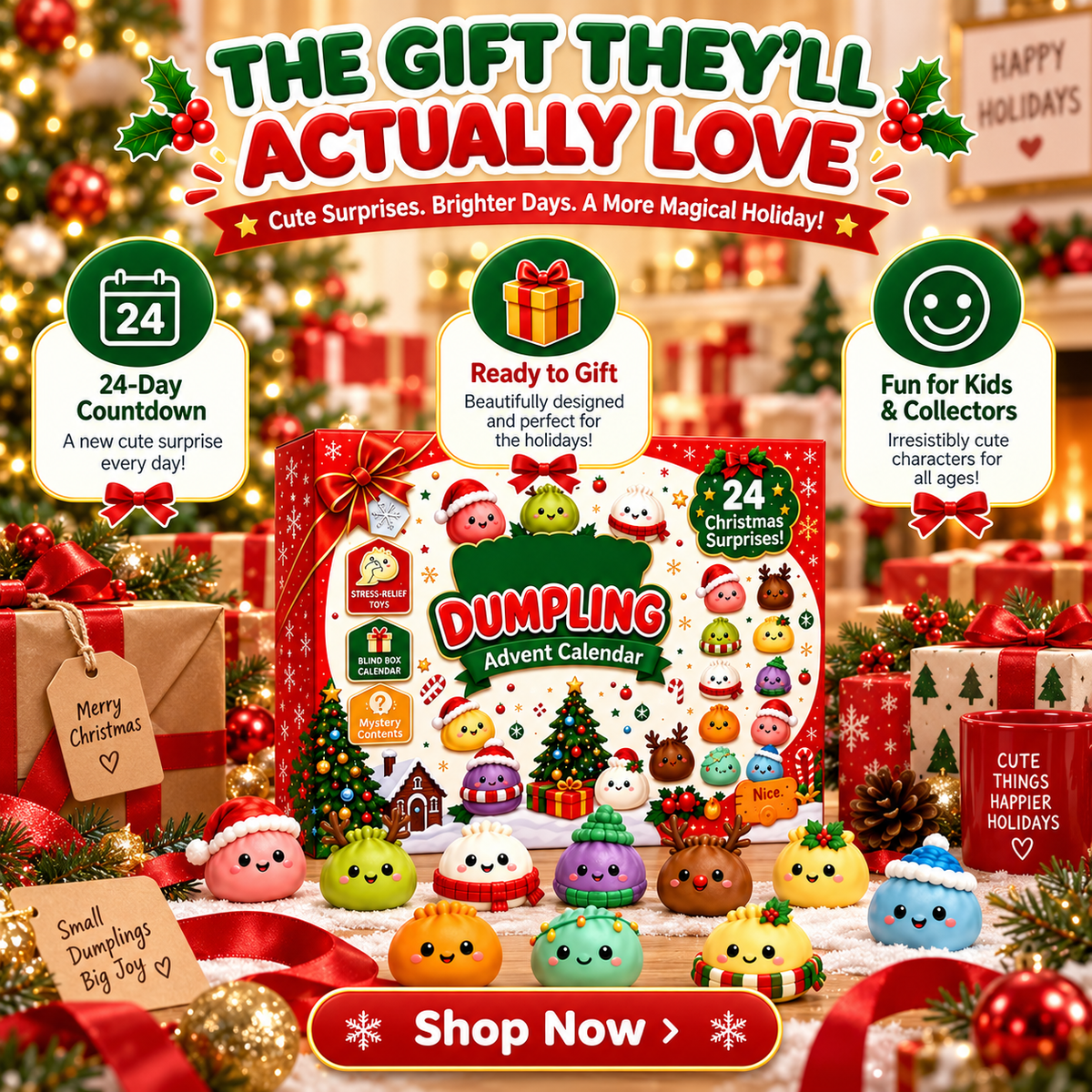2026 Dumpling Squishy Advent Calendar - Indoor Recreation Stress Relief Toy, 24 Surprise Kawaii Mini Food Squishy Figures, Cute Christmas Countdown Holiday Gift