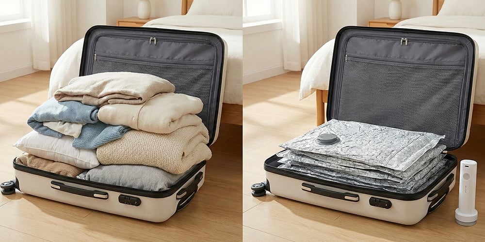 Suitcase before and after clothing is compressed in travel vacuum bags