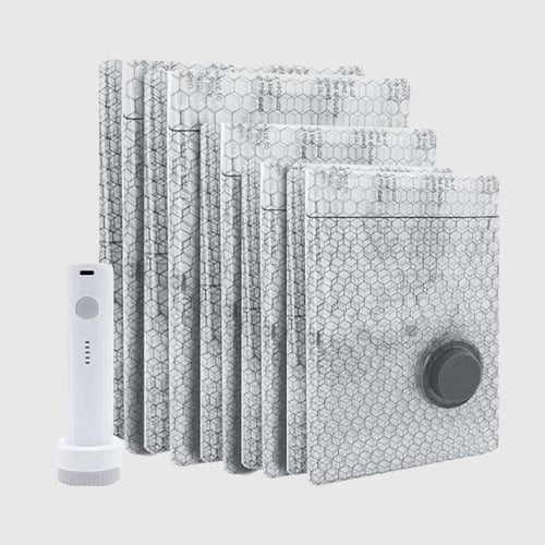 Travel vacuum storage bags with portable cordless pump