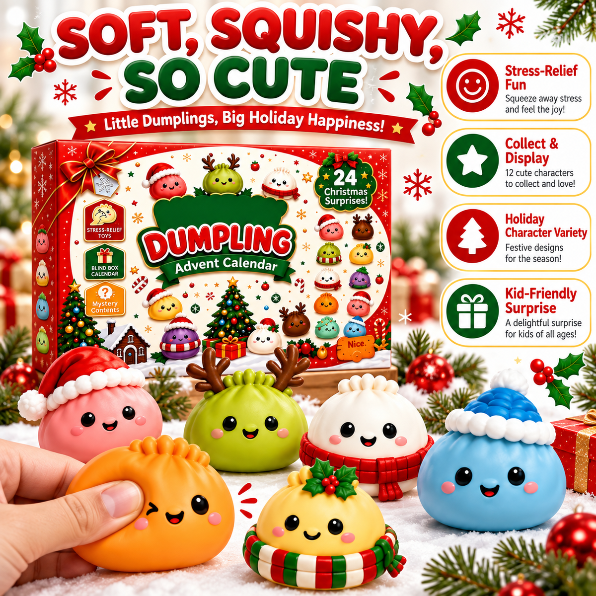 2026 Dumpling Squishy Advent Calendar - Indoor Recreation Stress Relief Toy, 24 Surprise Kawaii Mini Food Squishy Figures, Cute Christmas Countdown Holiday Gift
