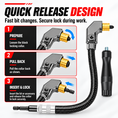 90-Degree Right Angle Drill Attachment, Swivel Corner Drill Adapter Tool for Confined Spaces, Heavy-Duty Electric Drill Extension for Furniture, Closets, and Woodworking